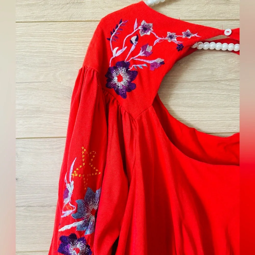 Free People Red Floral Embroidered Blouse